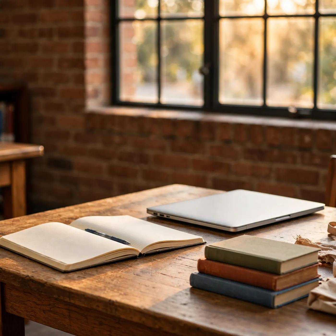 Wooden library study table with an open notebook, a closed laptop, and a small stack of books beside a brick wall and window