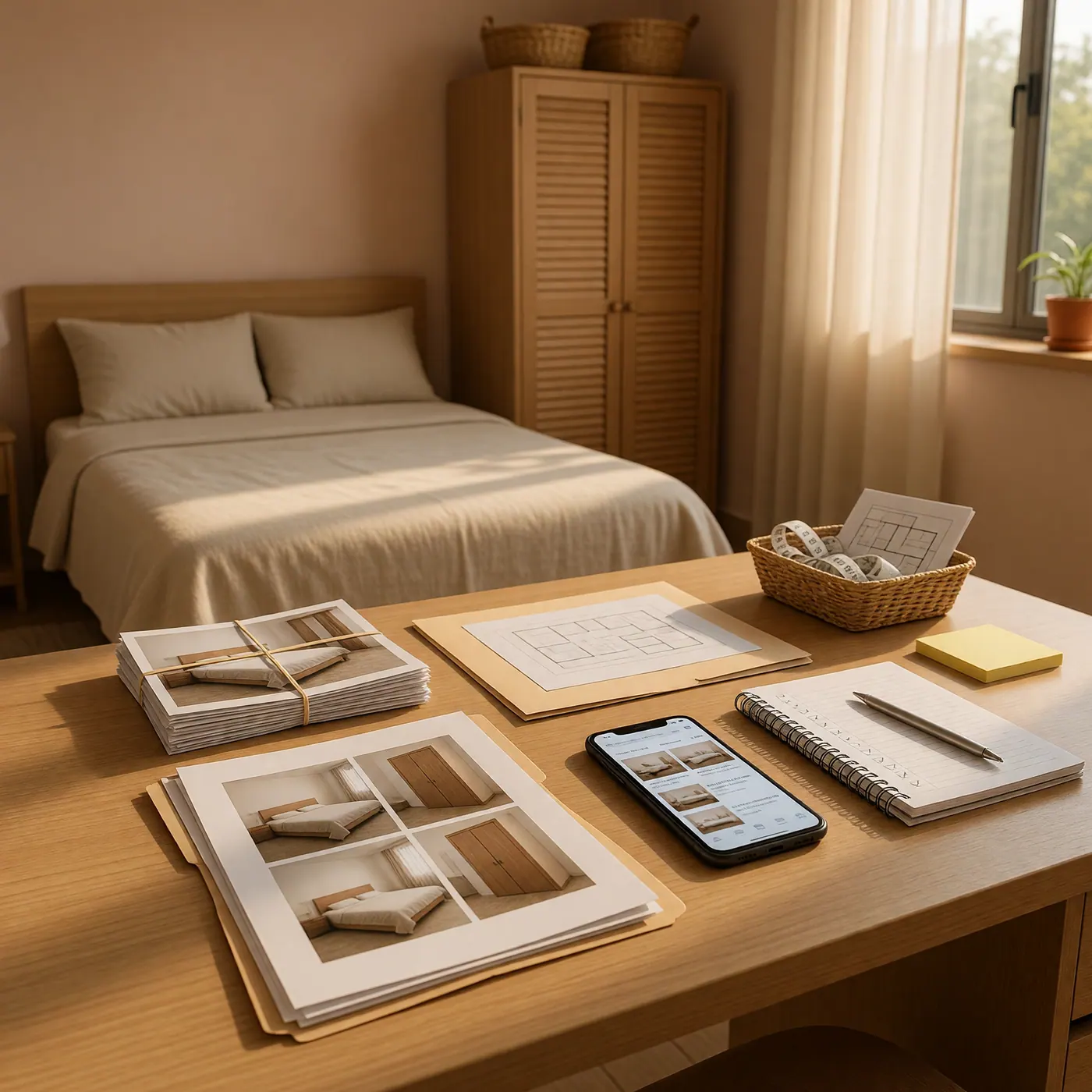 Habitación organizada con cama, escritorio junto a una ventana y armario de madera