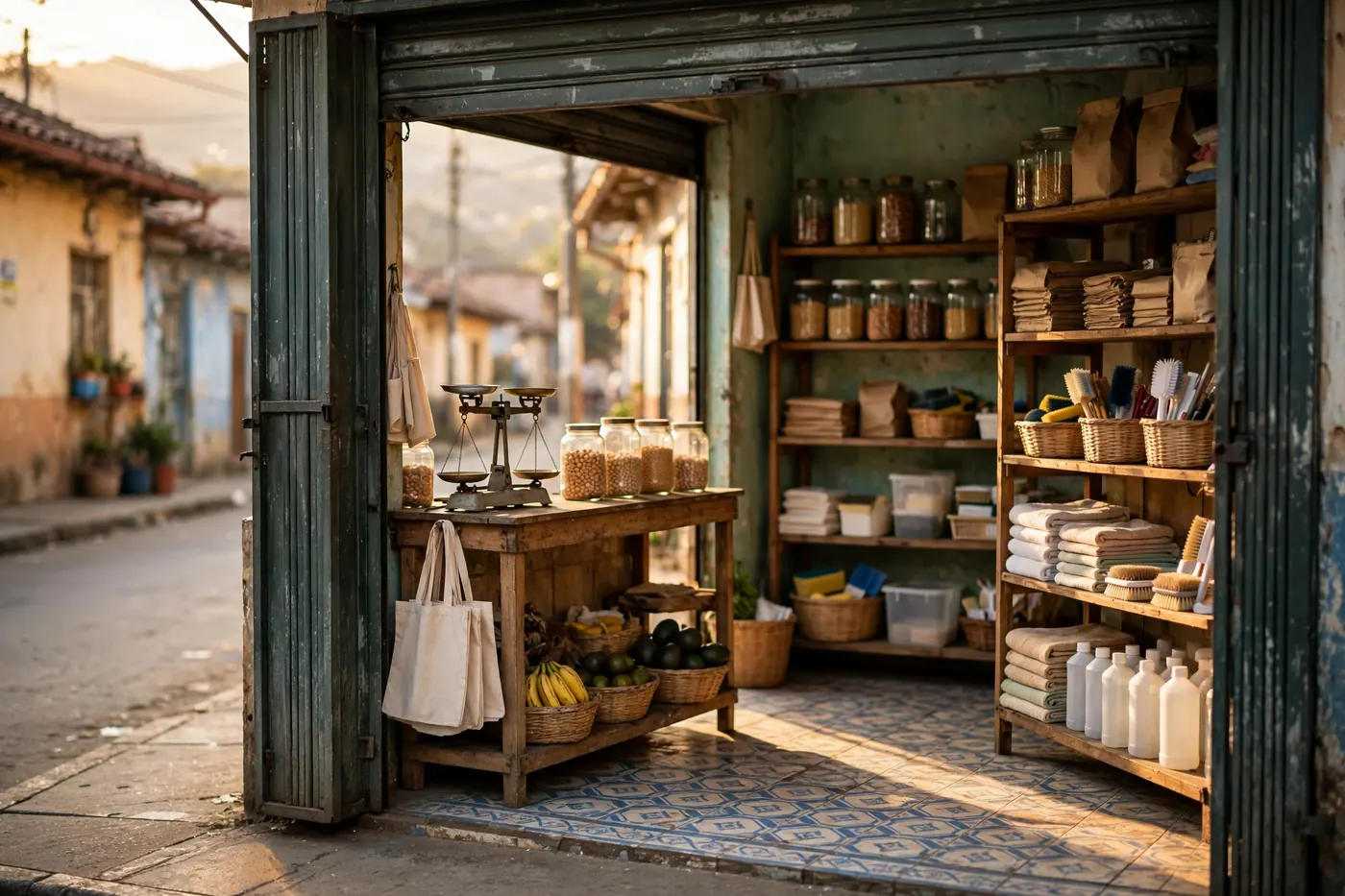 Local comercial con puerta de enrollar a medio abrir y dos zonas de trabajo, mostrador y estantería
