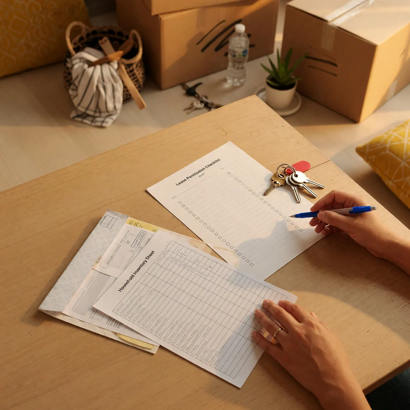 Lease permission checklist, apartment keys and household inventory sheet on a table beside moving boxes