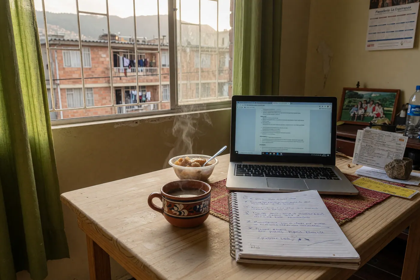 Taza de café tradicional, libreta de notas y laptop abierta mostrando ofertas de empleo en un escritorio de madera.