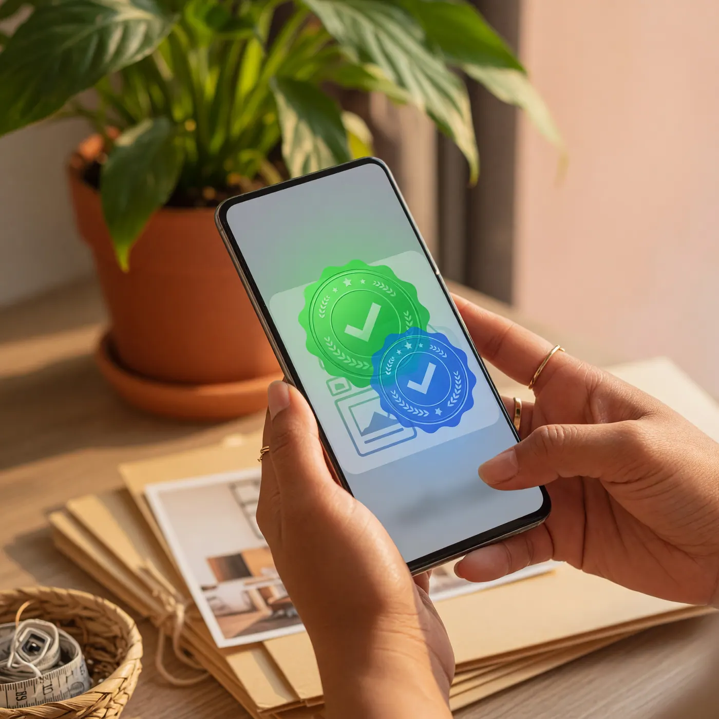 Primer plano de manos sosteniendo un celular con una confirmación de trámite digital en pantalla.