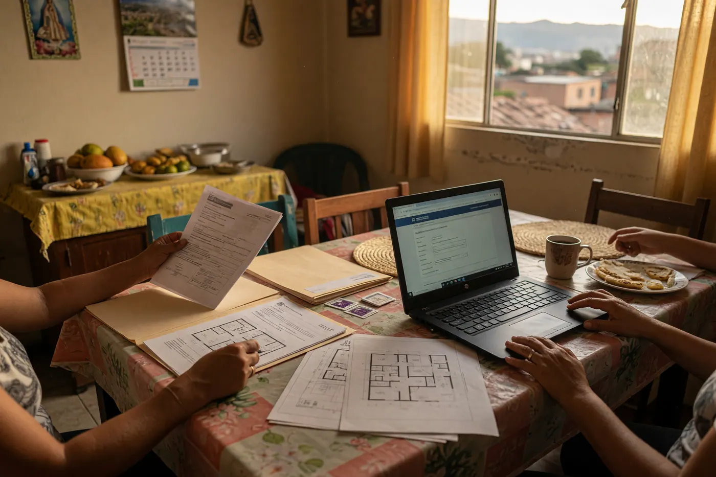Familia revisando documentos de vivienda y planos junto a un computador portátil en la mesa del comedor