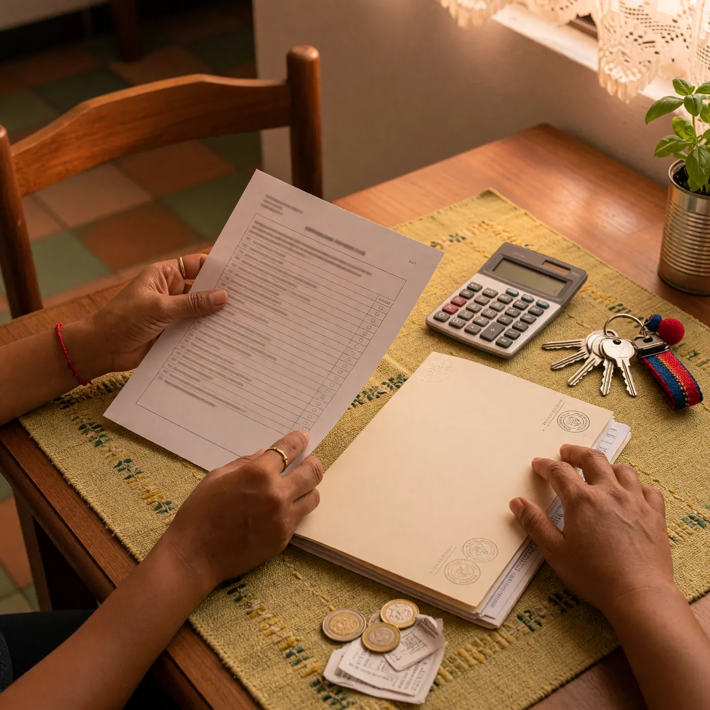 Manos comparando una lista de requisitos, una carpeta bancaria y una calculadora junto a llaves de apartamento