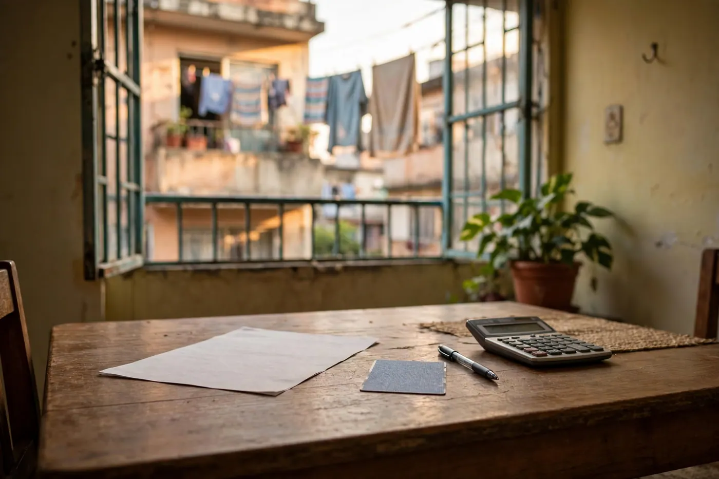 Mesa de comedor modesta con formulario, cédula, bolígrafo y calculadora a la luz de la tarde