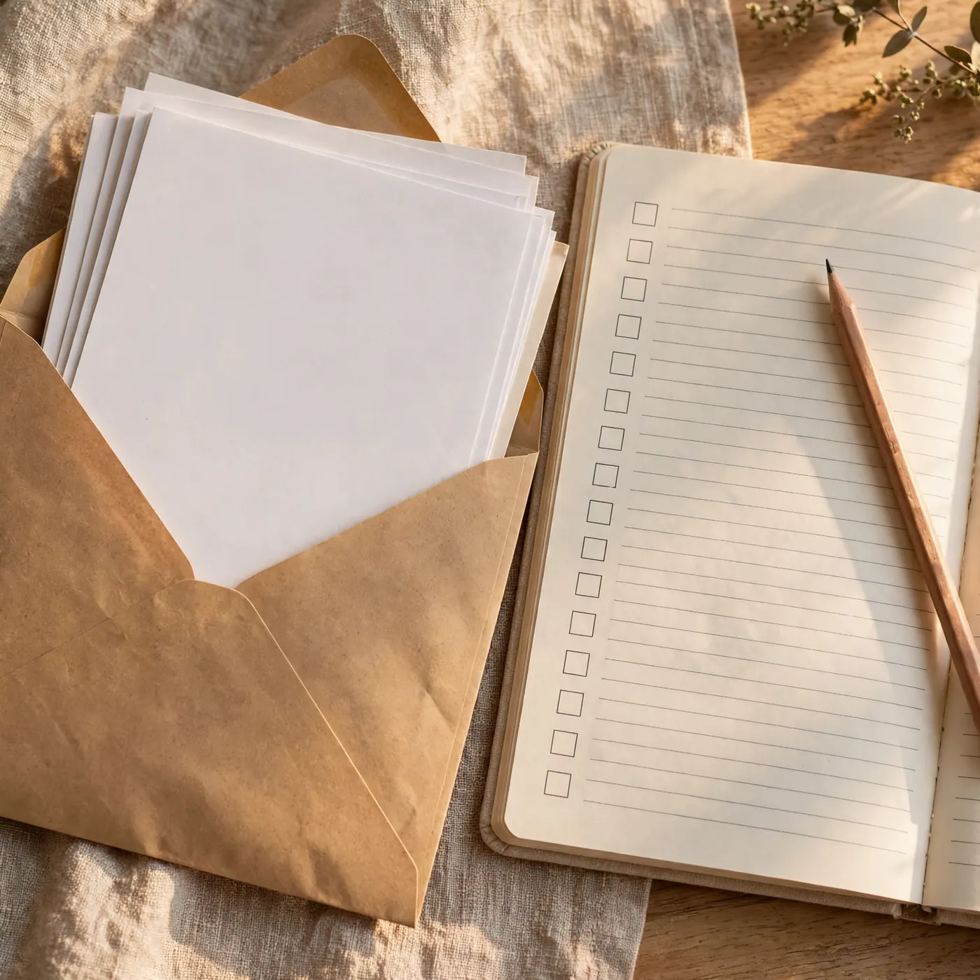 Sobre de documentos junto a una libreta con casillas en blanco y un lápiz sobre una mesa