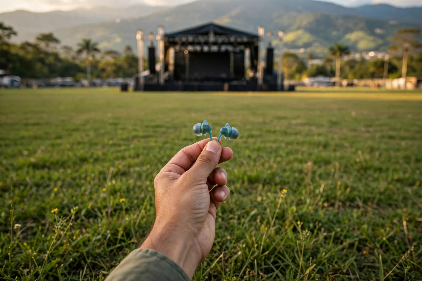 Mano en primer plano con dos tapones reutilizables frente a un festival de día en un parque, con tarima lejana y césped