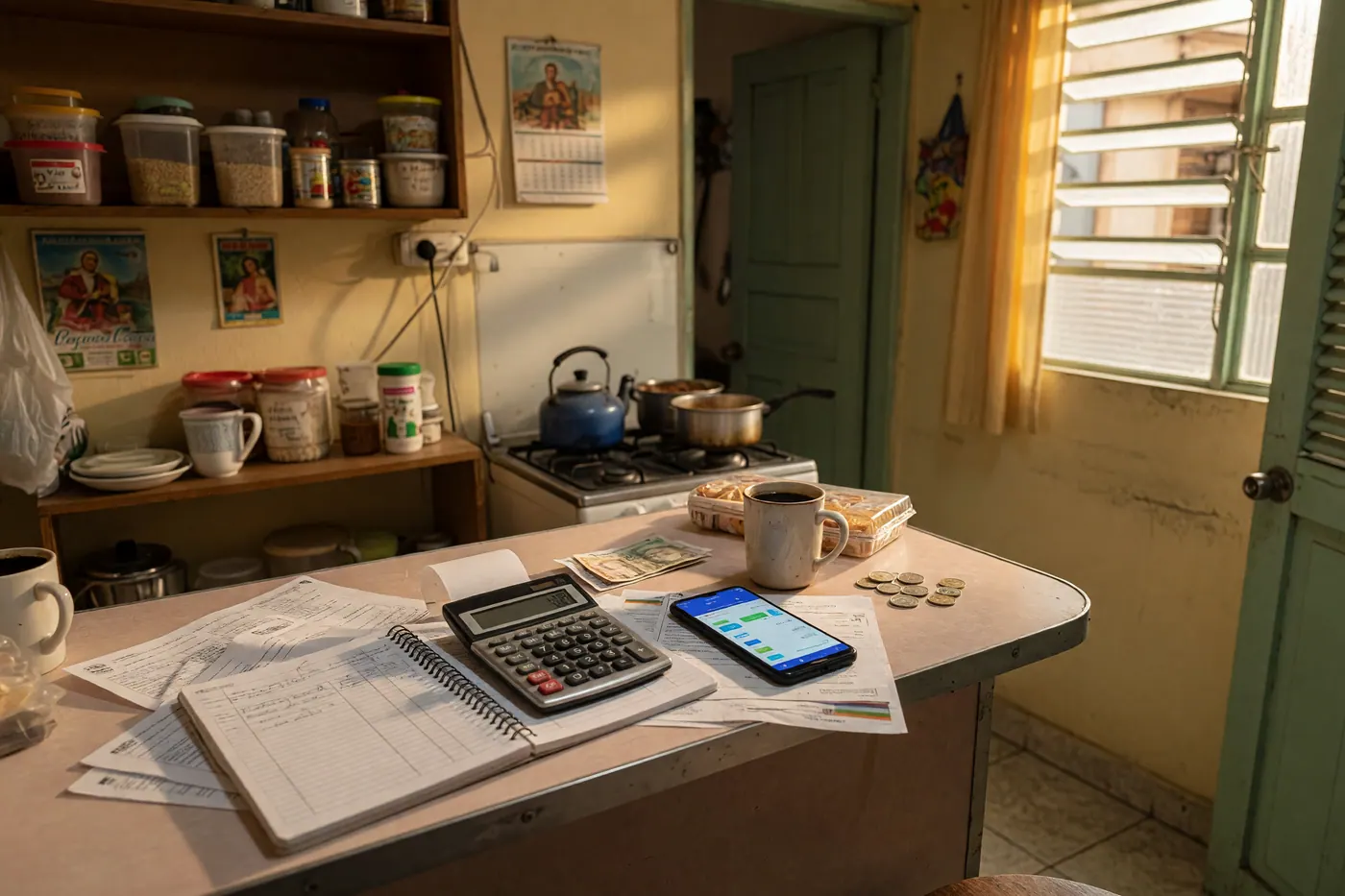 Calculadora, papeles de crédito y teléfono sobre el mesón de una cocina colombiana