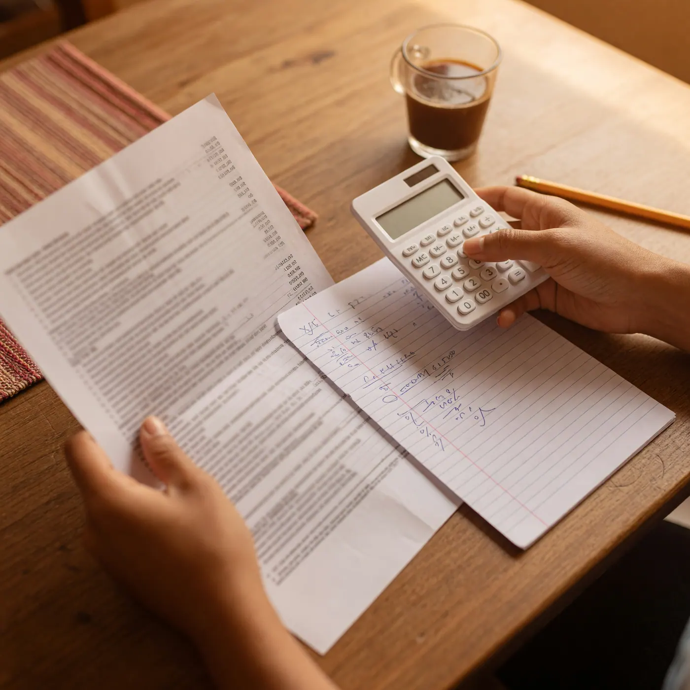 Persona revisando cobros de intereses con una calculadora y documentos de crédito