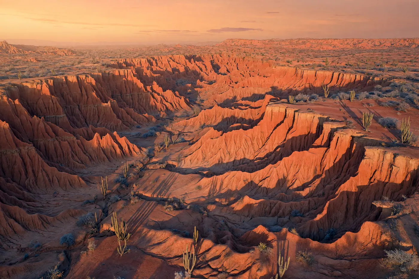 Aerial view of Colombia's Tatacoa Desert ochre-red canyon landscape at golden hour