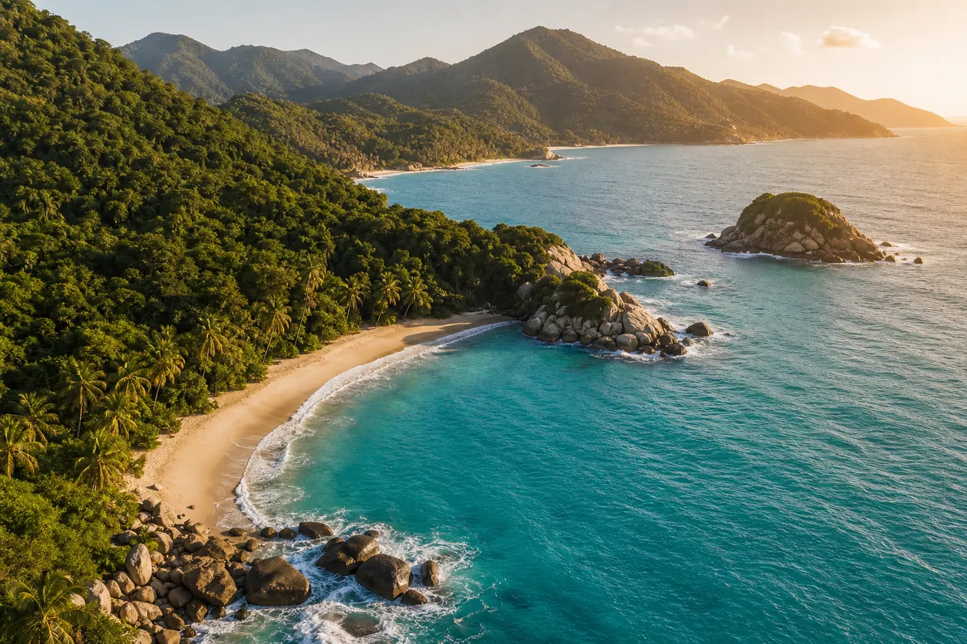 Aerial view of Cabo San Juan del Guía beach in Tayrona National Park, Colombia — turquoise Caribbean water meets jungle hillsides