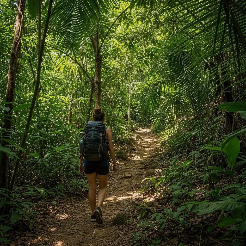 Hiker on jungle trail in Tayrona National Park Colombia