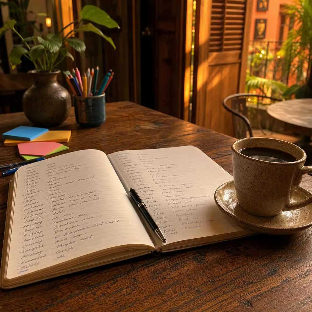 Notebook and Colombian coffee on a wooden desk — the private English tutoring setup many expats use in Medellín