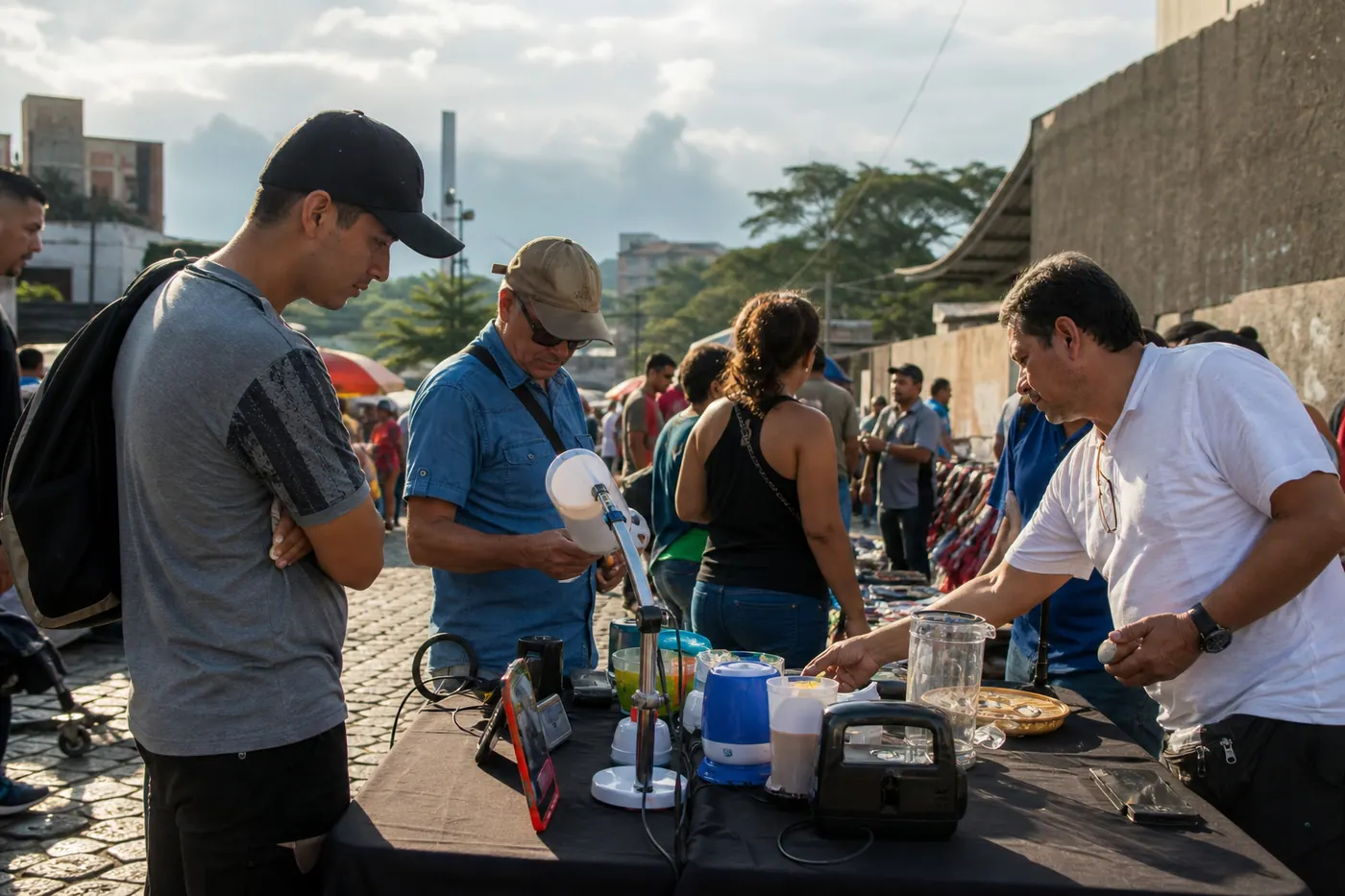 Mercado callejero en Medellín con vendedores y compradores, artículos de segunda mano expuestos bajo la luz del atardecer