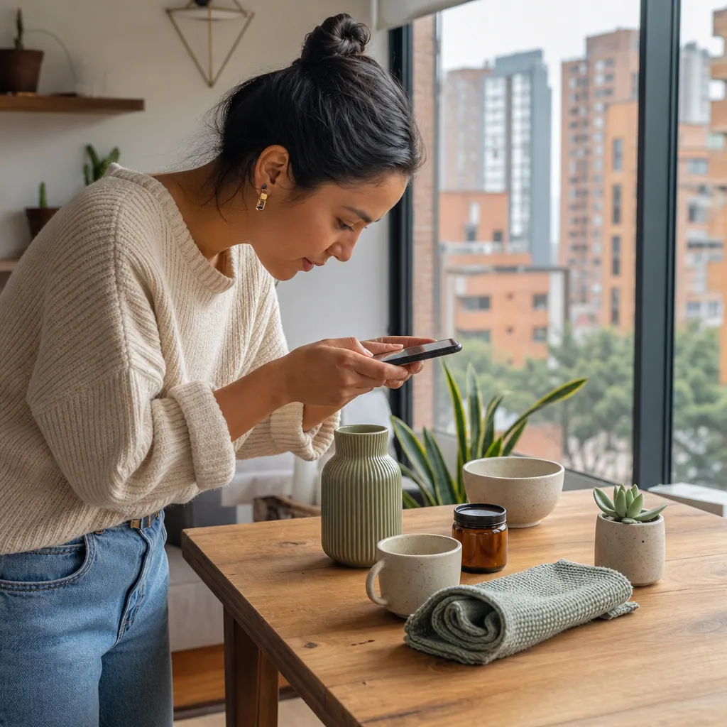 Vendedora colombiana fotografiando productos para anuncio online con luz natural