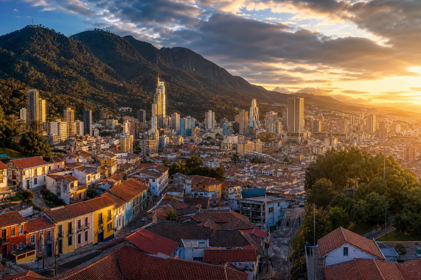 Aerial view of La Candelaria historic district in Bogotá with the Andes mountains behind