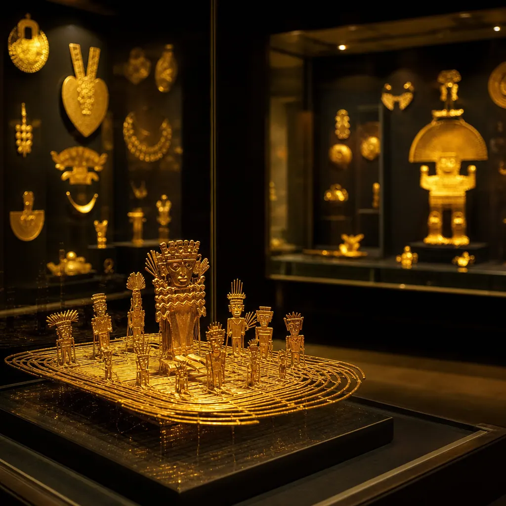 Pre-Columbian Muisca gold artifacts displayed in the Bogotá Gold Museum