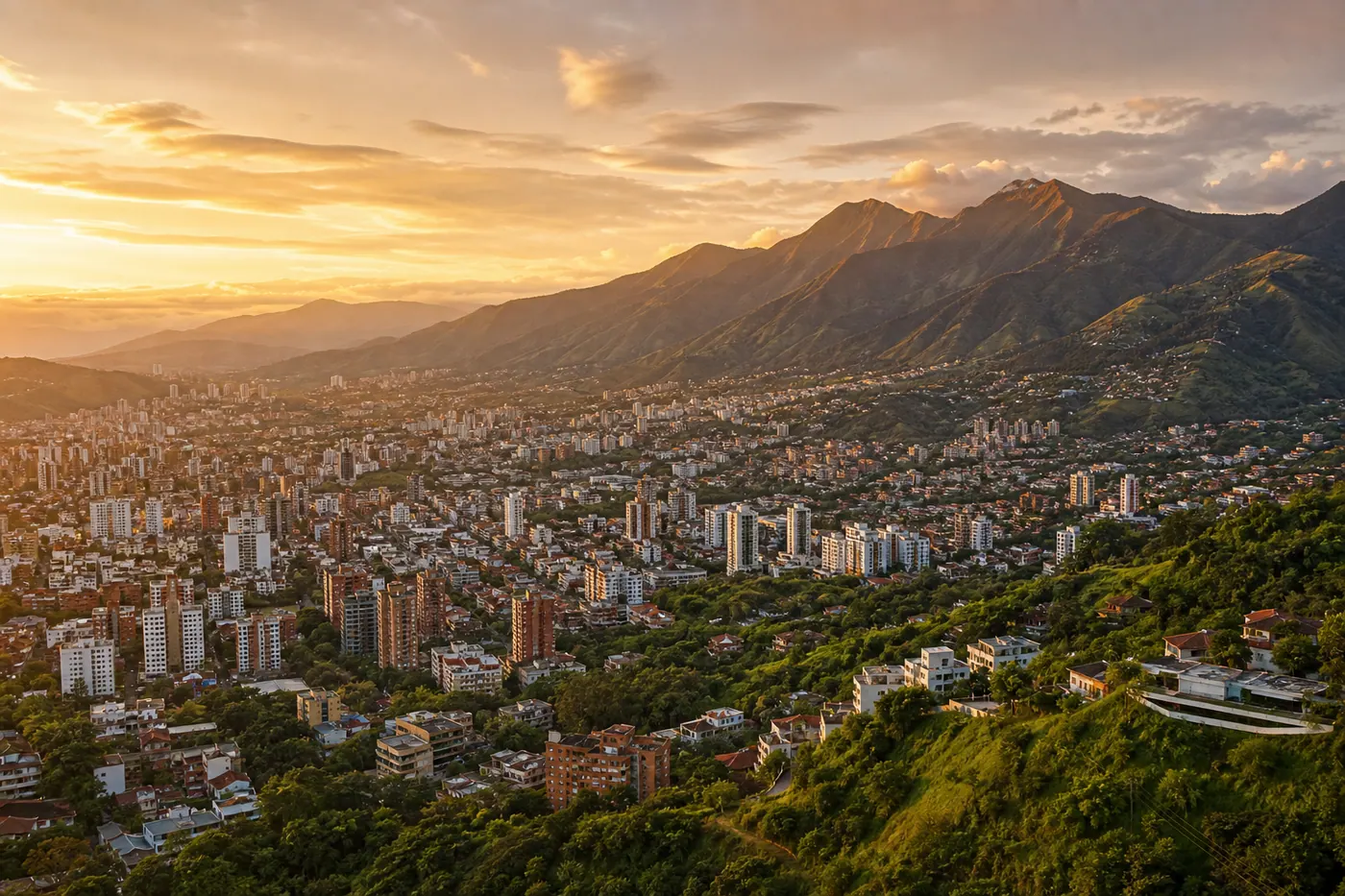 Aerial view of Cali, Colombia at golden hour with the Farallones mountains behind the city