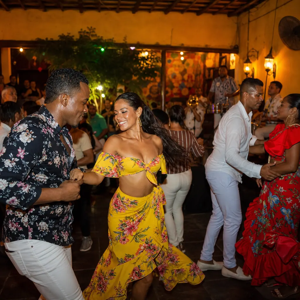 Colorful salsa dancers in a traditional Cali peña, warm amber lighting, authentic Colombian dance venue