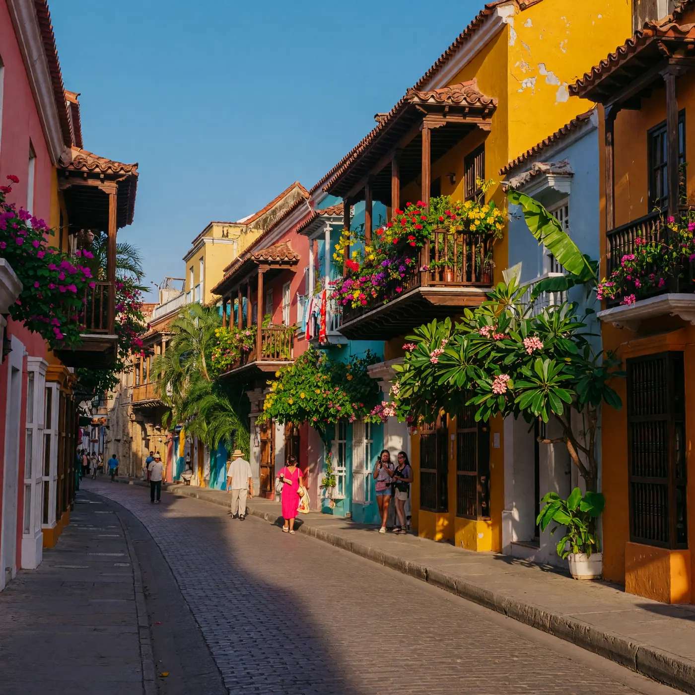 Colorful colonial street in Cartagena's walled city with flower-filled balconies and cobblestone