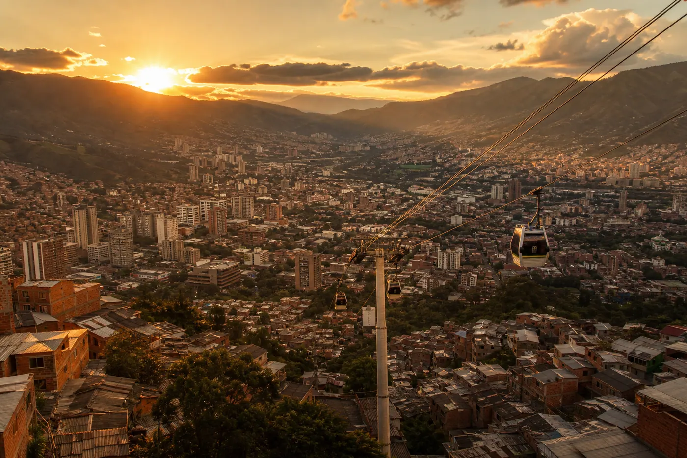 Aerial view of Medellín city in Colombia's Aburrá valley at golden hour