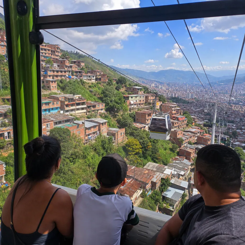 View from inside a Medellín Metrocable gondola looking over colorful hillside comunas