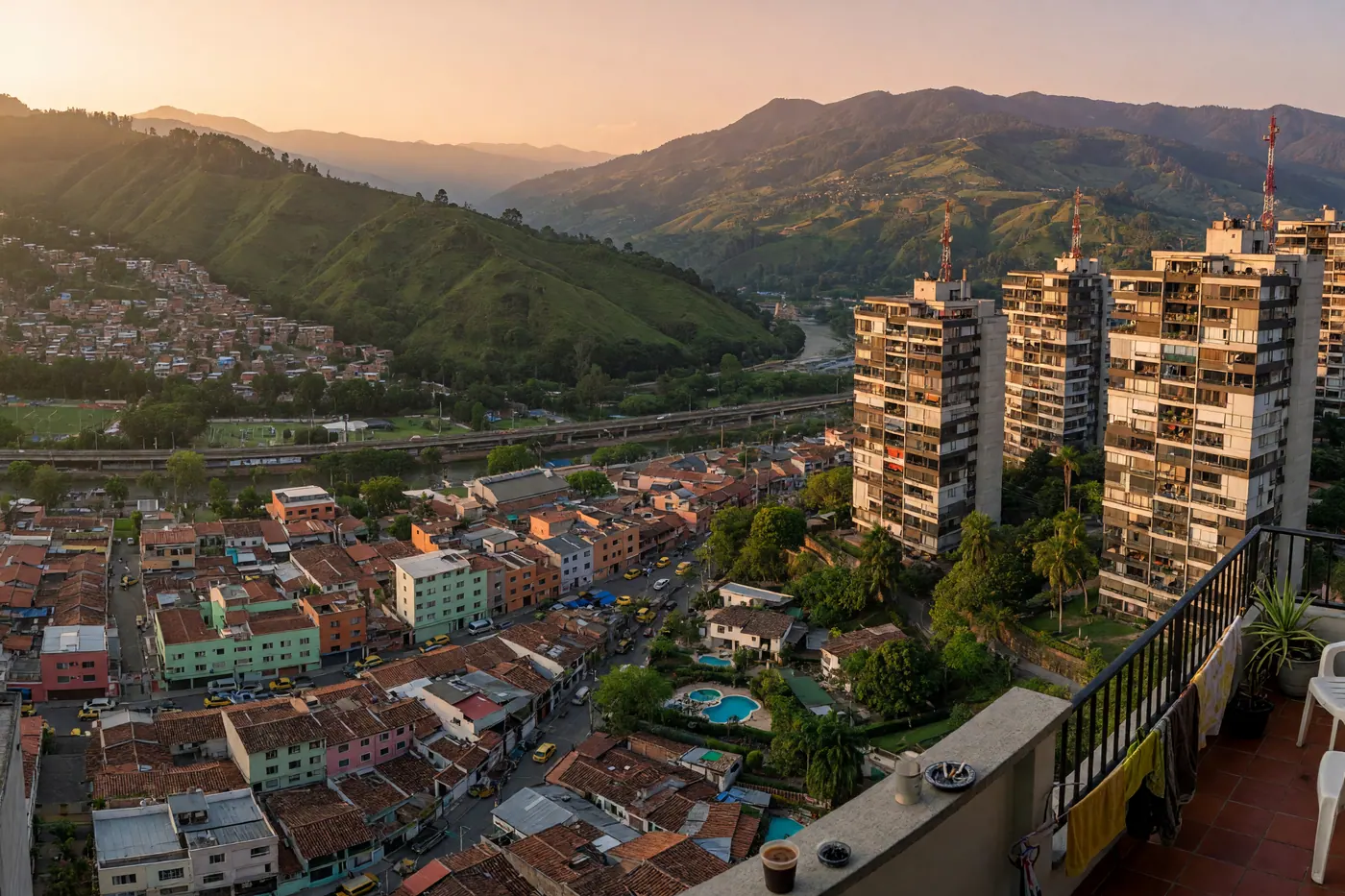 Golden-hour view across Medellin apartment neighborhoods and green mountains from a residential balcony
