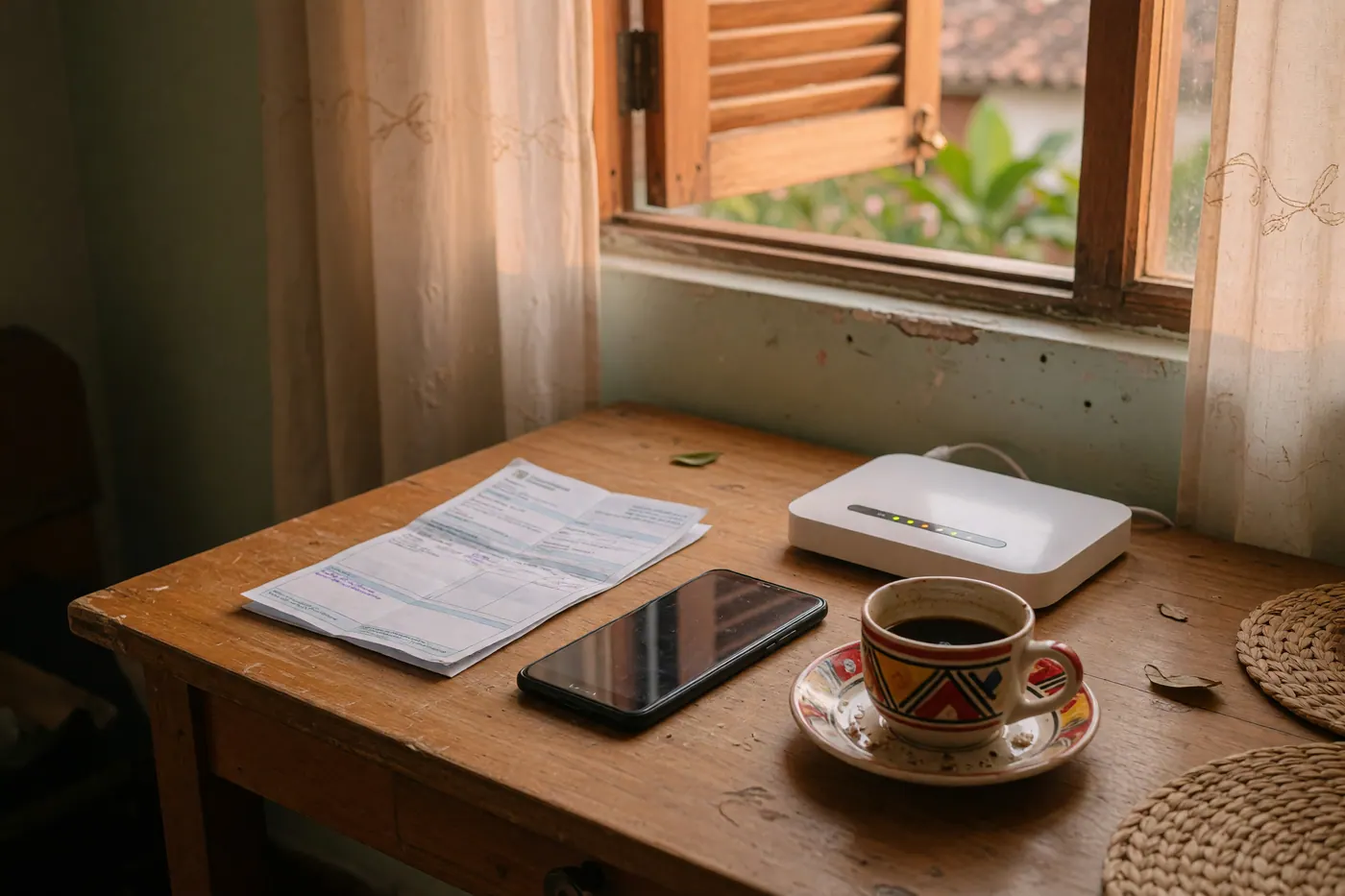 Escritorio en un hogar colombiano con celular y módem de internet de fibra óptica recibiendo luz natural.
