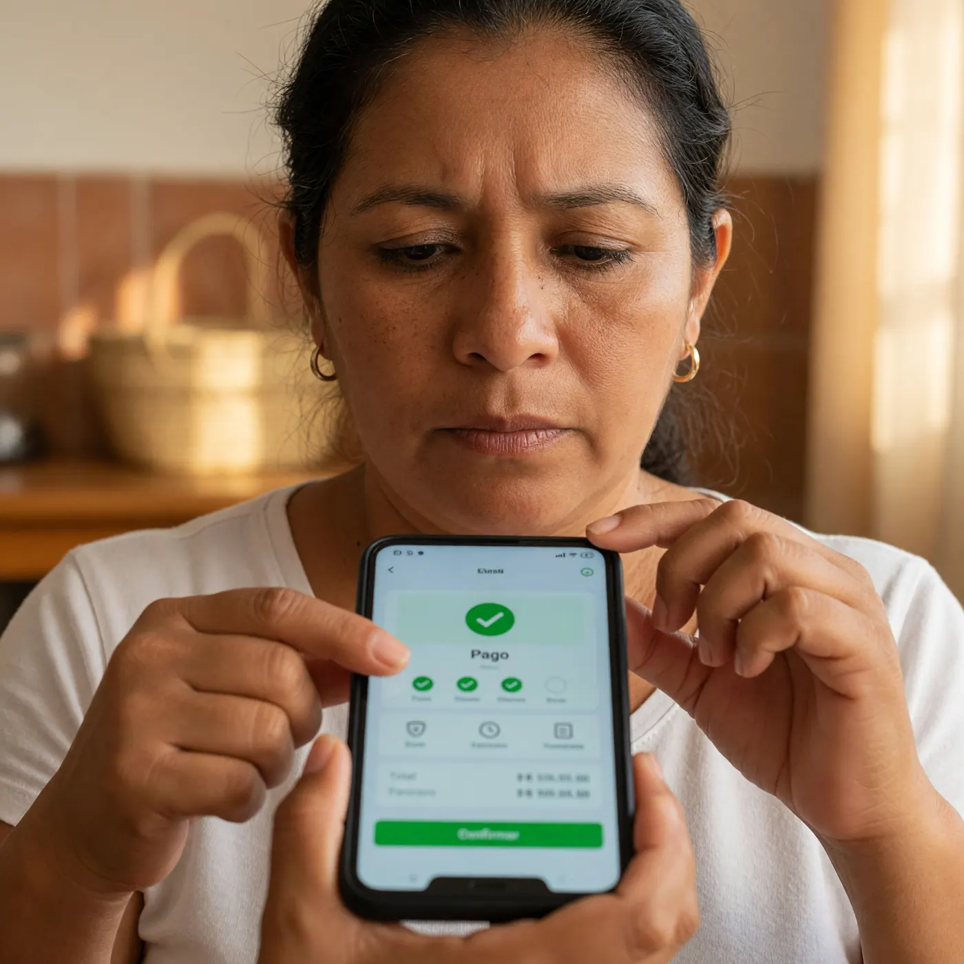 Mujer con el rostro completo a la vista sostiene un celular y revisa una pantalla de confirmación de pago.