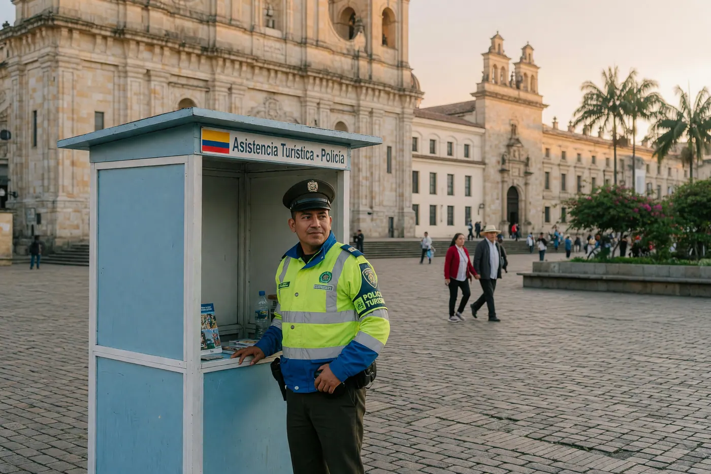 Colombian tourist police officer offering guidance beside a tourist assistance kiosk in a historic colonial plaza