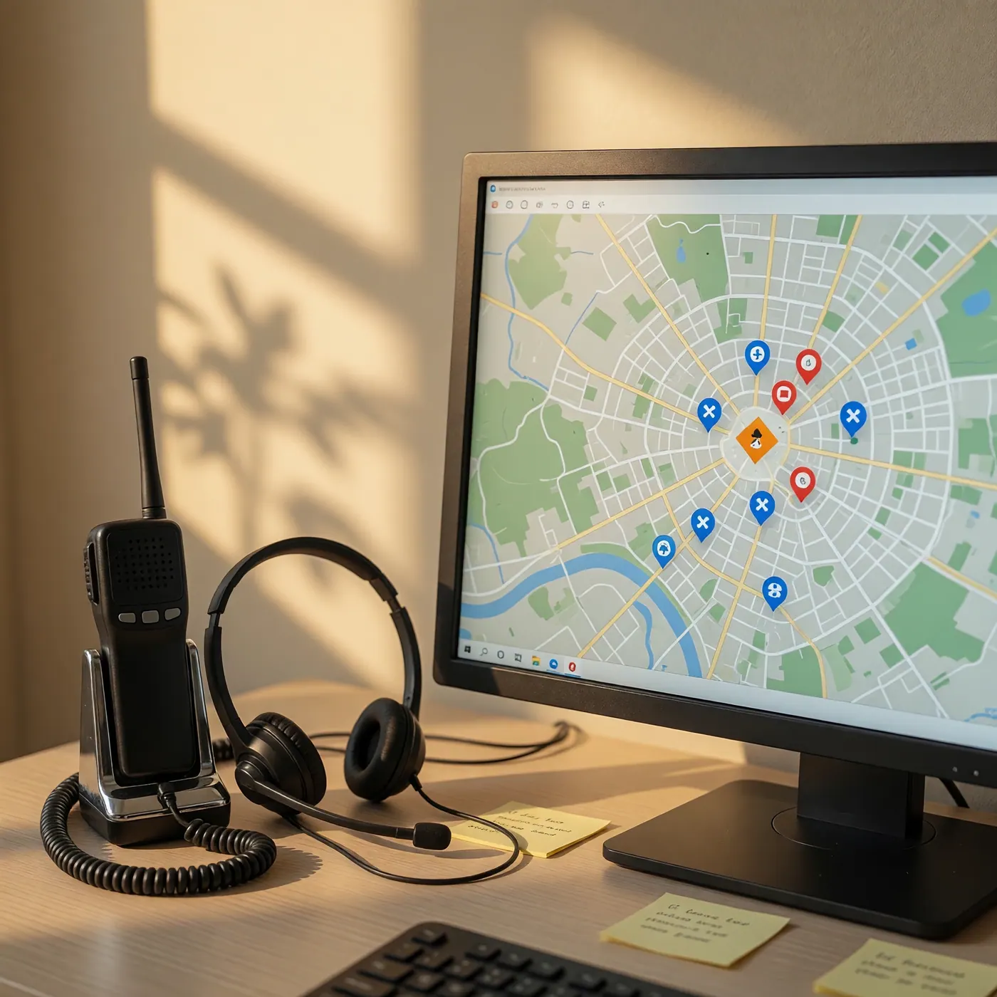 Municipal emergency dispatch desk with a radio, headset, and a computer monitor showing a city map with response markers