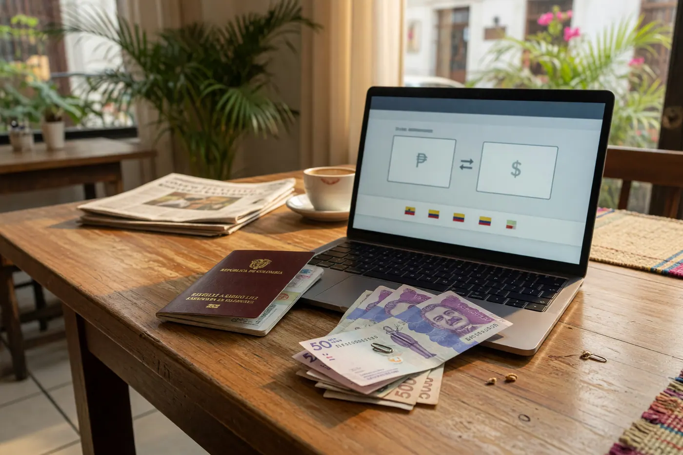 A laptop with a currency exchange interface, a Colombian passport, coffee, and Colombian peso banknotes on a wooden table