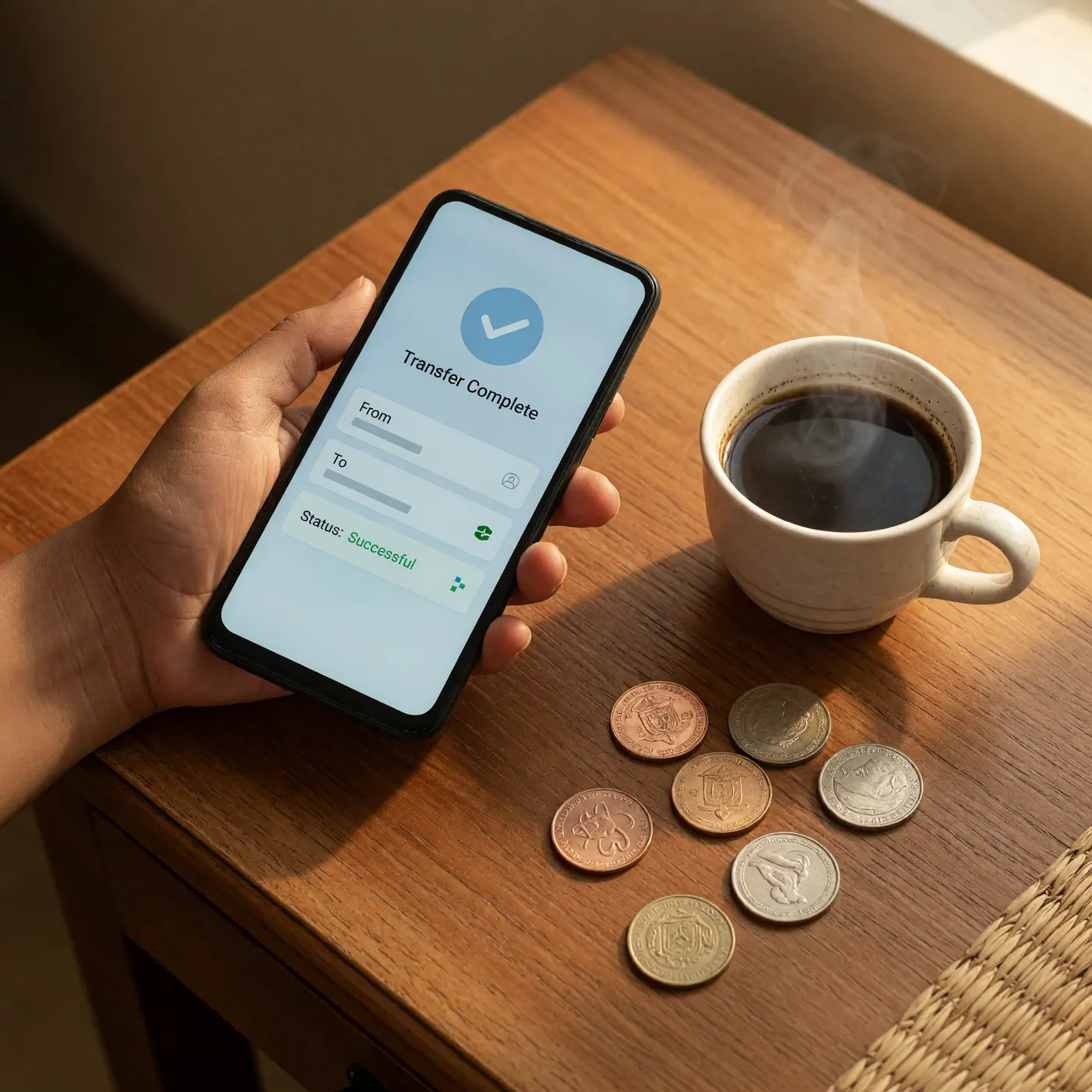 A hand holding a smartphone displaying a transfer confirmation beside black coffee and coins on a wooden table