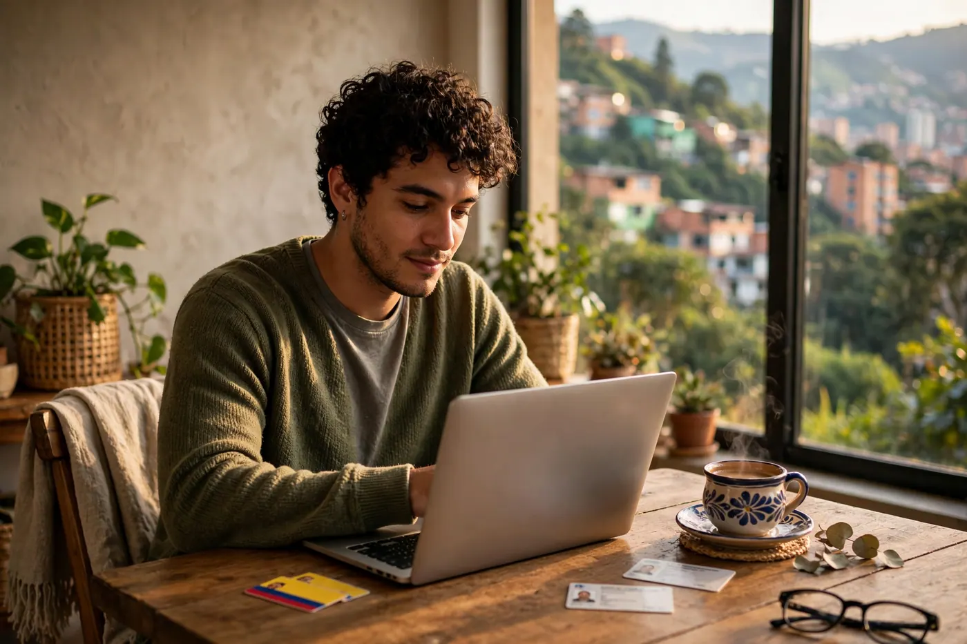 Persona revisando su computador portátil junto a una cédula colombiana y una taza de café en una sala con luz natural