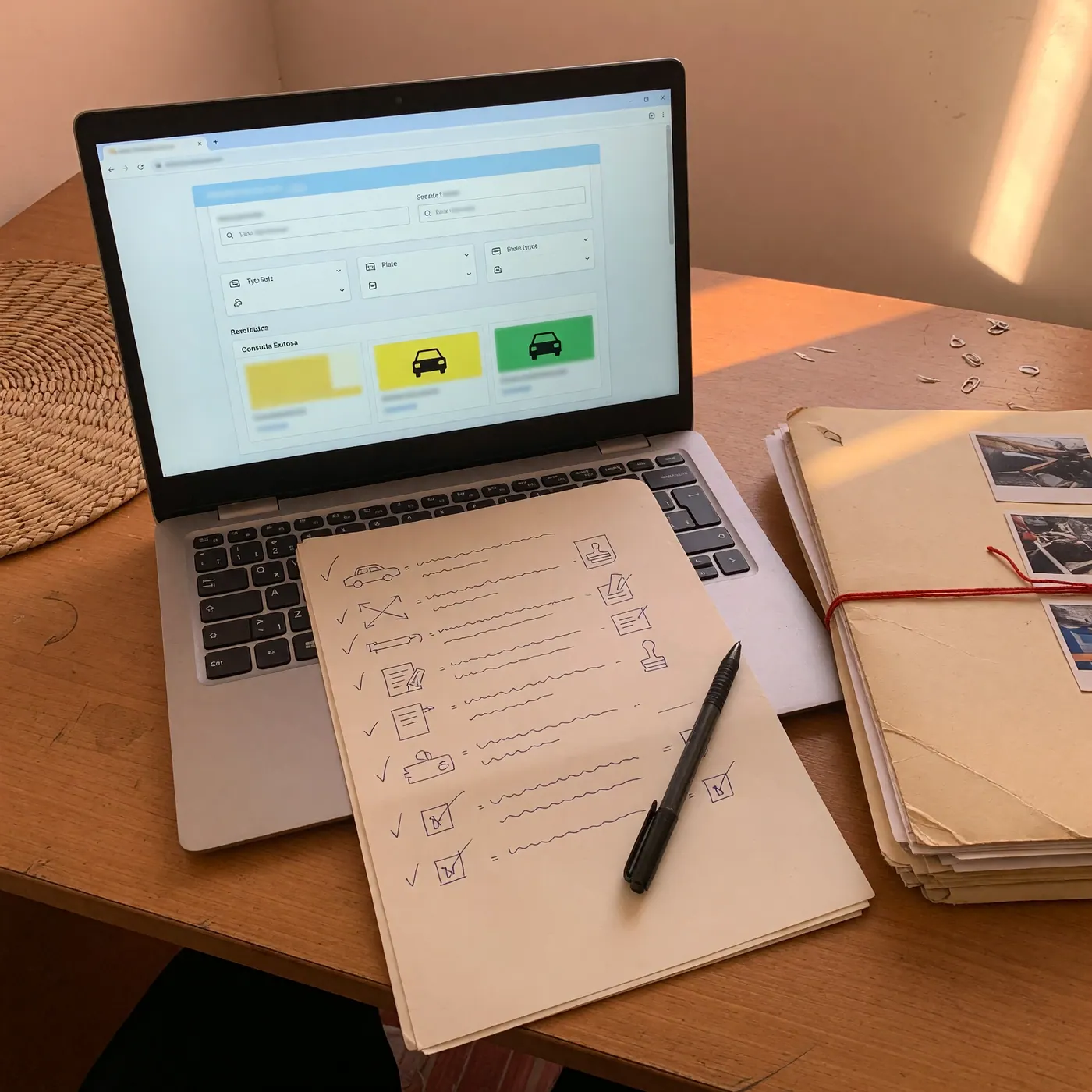 Computador portátil con un portal de consulta vehicular y una lista manuscrita de pasos