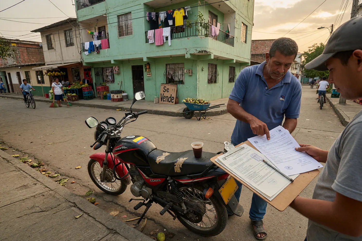 Comprador y vendedor revisan documentos de traspaso junto a una motocicleta en una calle colombiana.