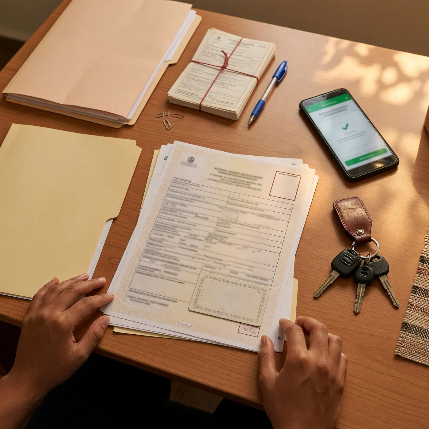Documentos de traspaso vehicular, llaves y celular sobre un escritorio