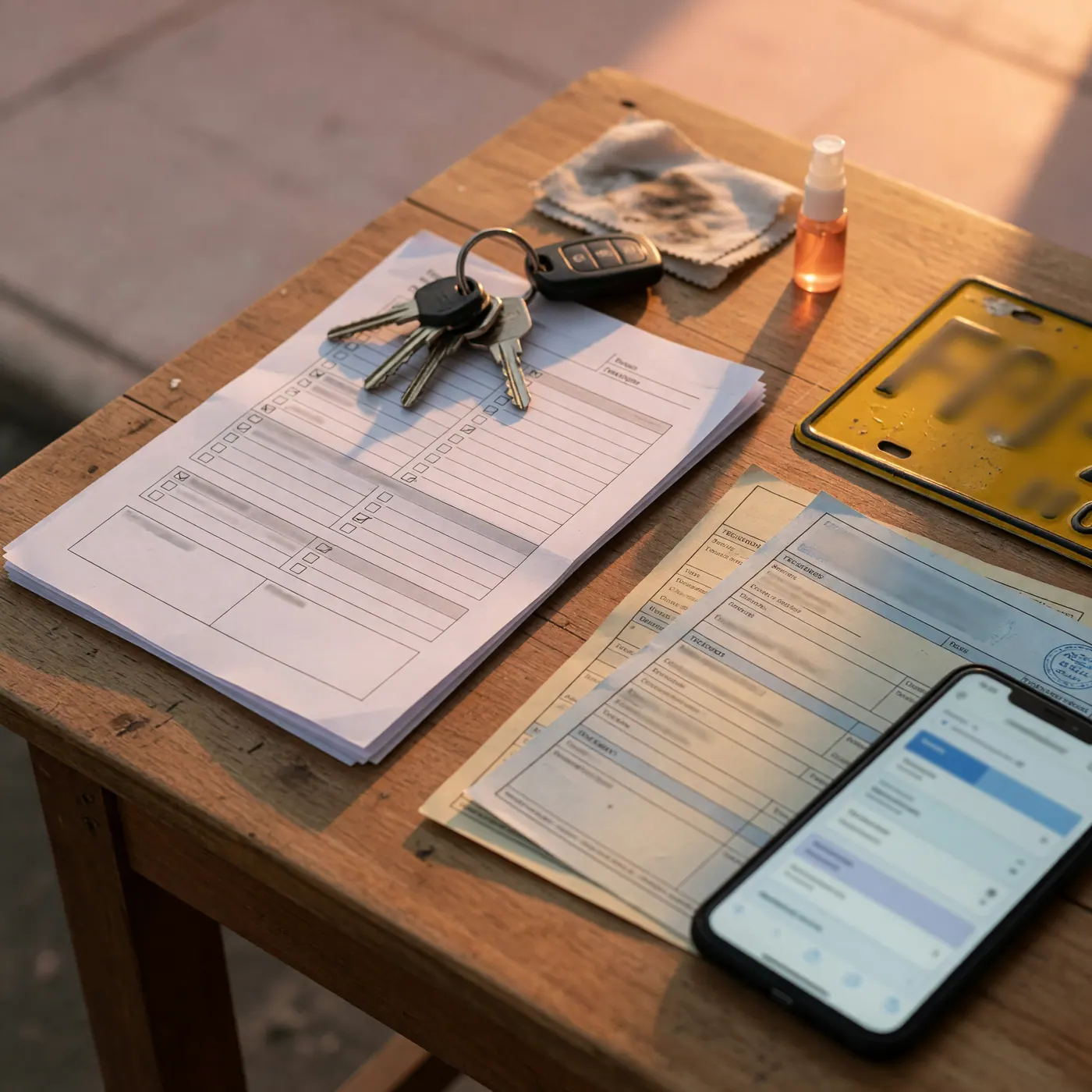 Lista de chequeo impresa junto a llaves de vehículo, placa amarilla parcialmente visible, formularios y un celular sobre una mesa de madera
