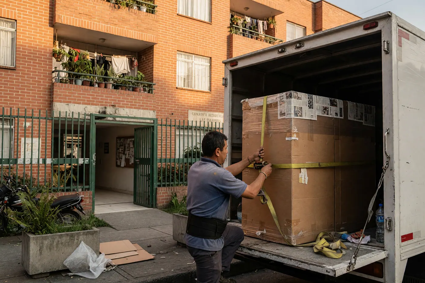 Ayudante de mudanzas asegurando un mueble embalado dentro de un camión frente a un conjunto residencial de ladrillo