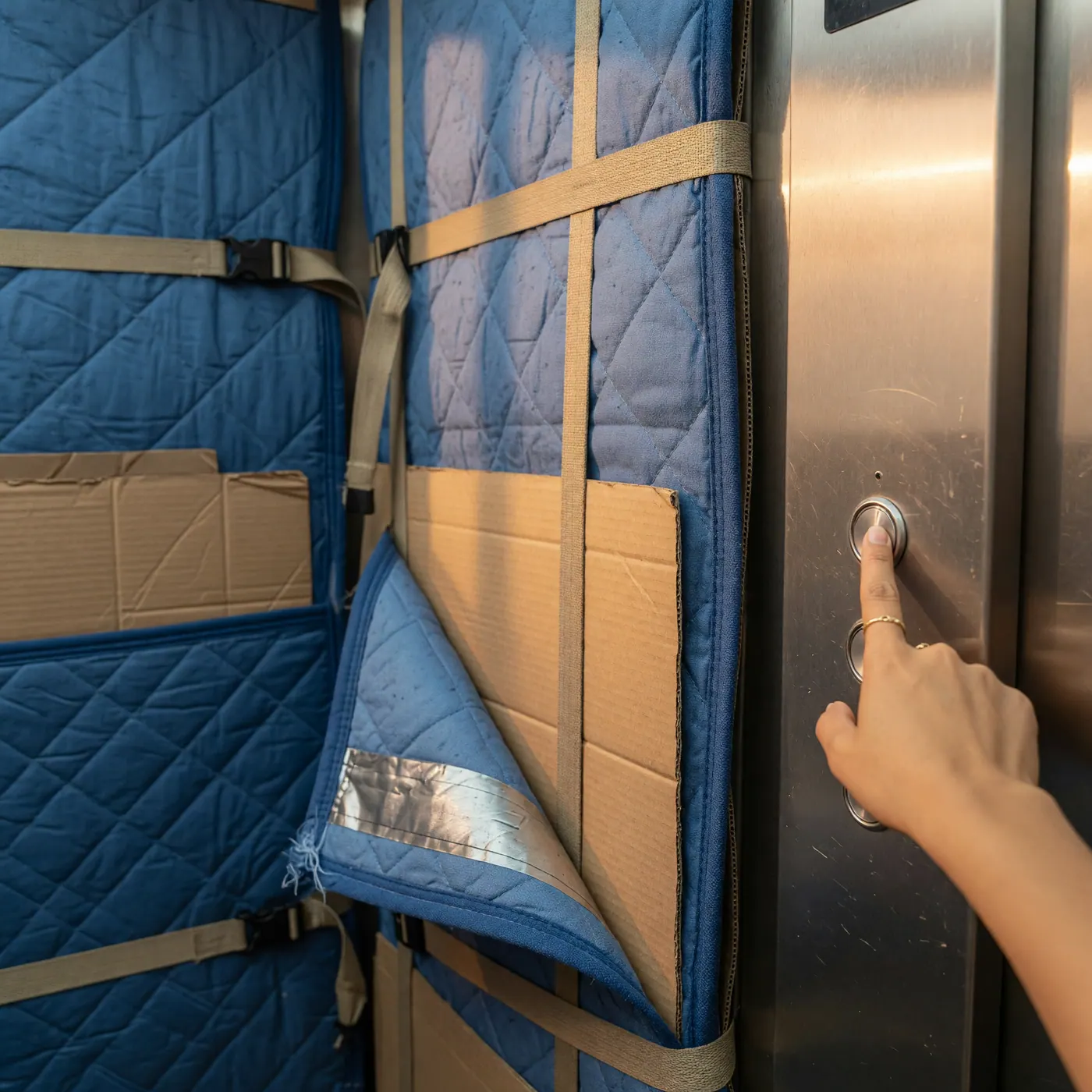 Elevador de un edificio residencial protegido con mantas acolchadas azules y cartones para evitar rayones durante un trasteo