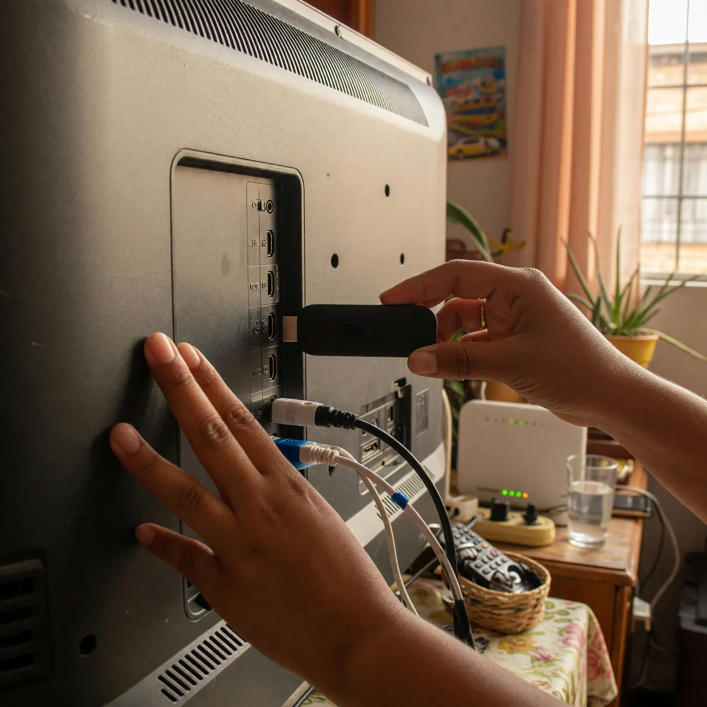Manos conectando un dispositivo de streaming al puerto HDMI de un televisor