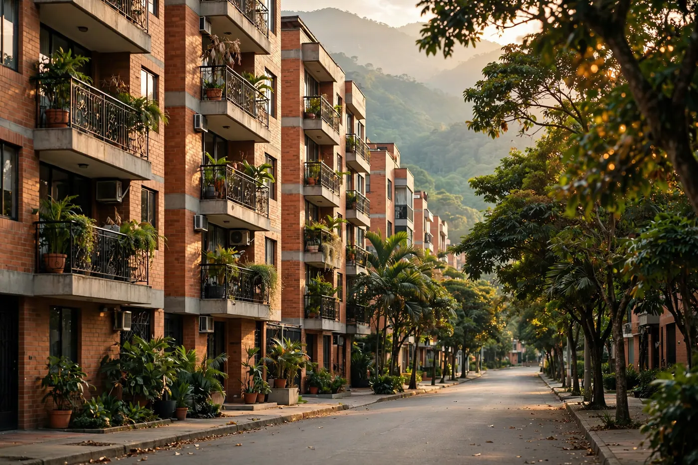 Brick apartment buildings with wrought-iron balconies along a tree-lined street in a Colombian city