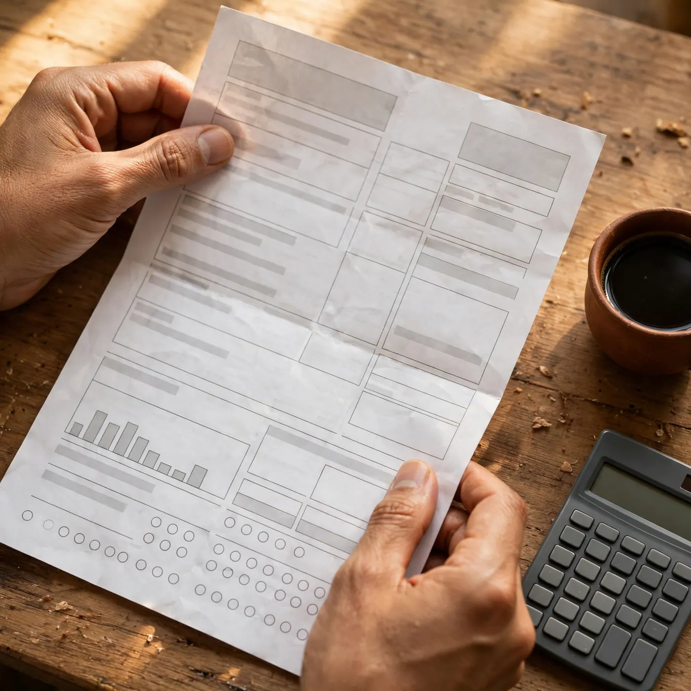 Hands holding a paper utility bill over a wooden table next to coffee and a calculator