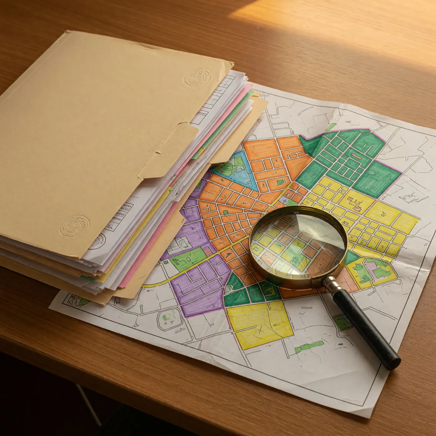A detailed municipal zoning map showing color-coded city sectors with a magnifying glass and property documents on a wooden desk.