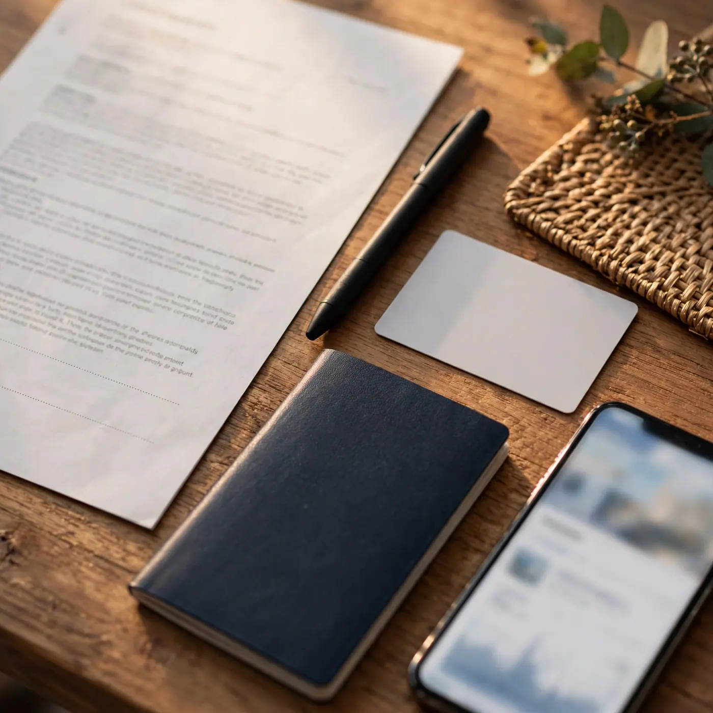 Wooden desk with a printed lease, blank ID card, closed notebook, pen, and a smartphone with a blurred screen.