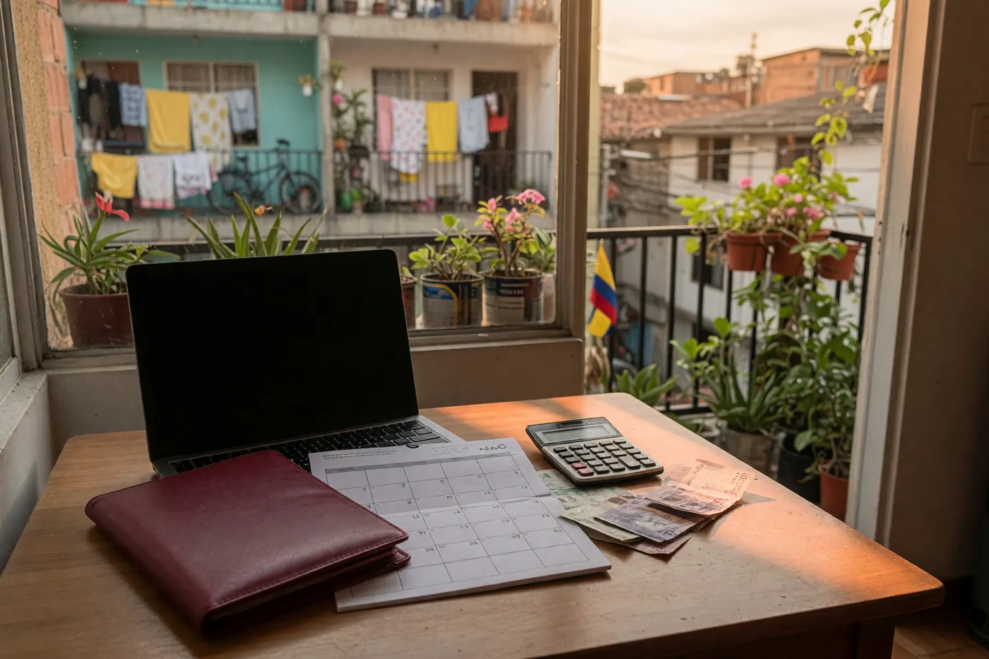 Laptop, calculator, calendar, travel-document cover, pesos, and balcony plants in a Colombian apartment workspace
