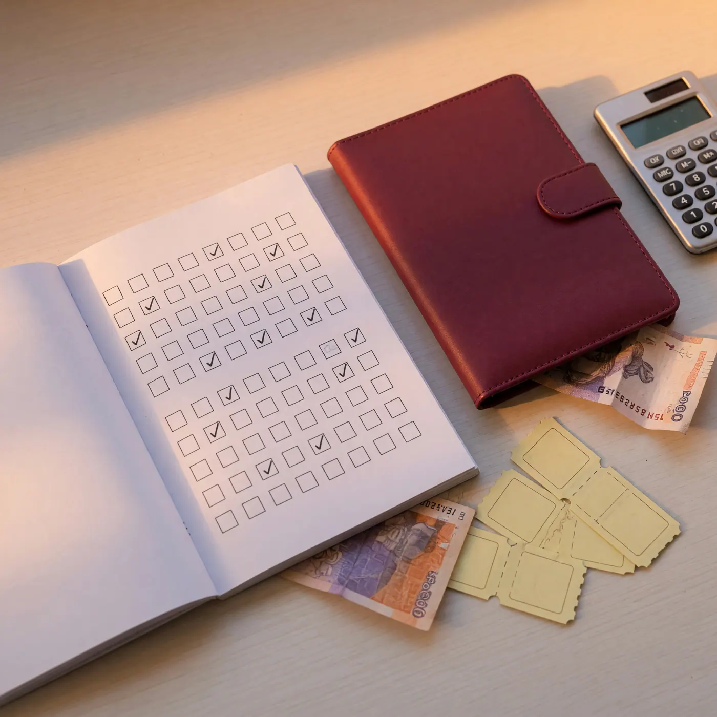 Notebook checklist, calculator, plain travel-document cover, ticket stubs, and Colombian peso bills on a table