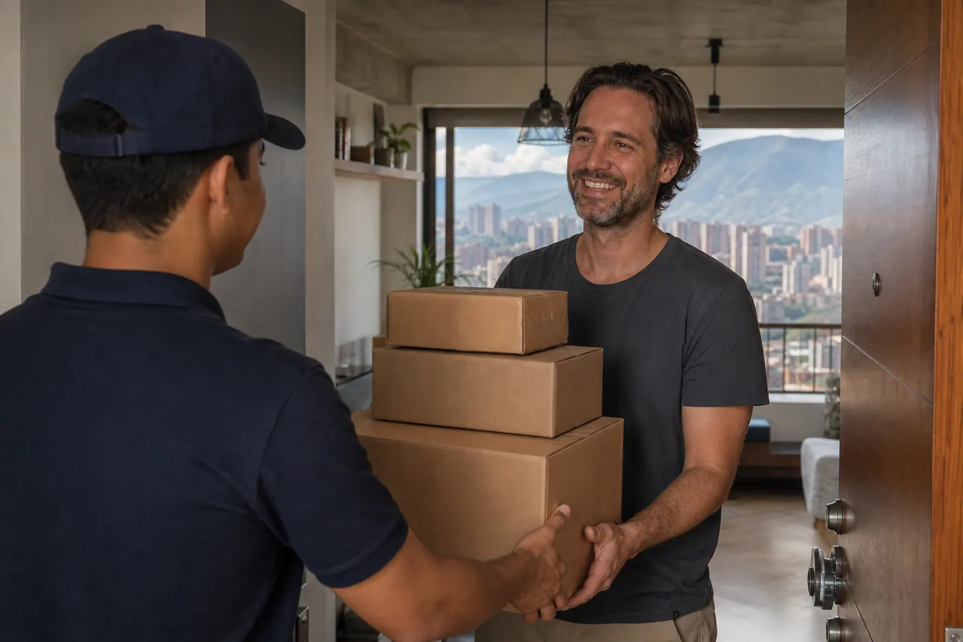 Expat receiving forwarded packages from Miami in a Medellín apartment