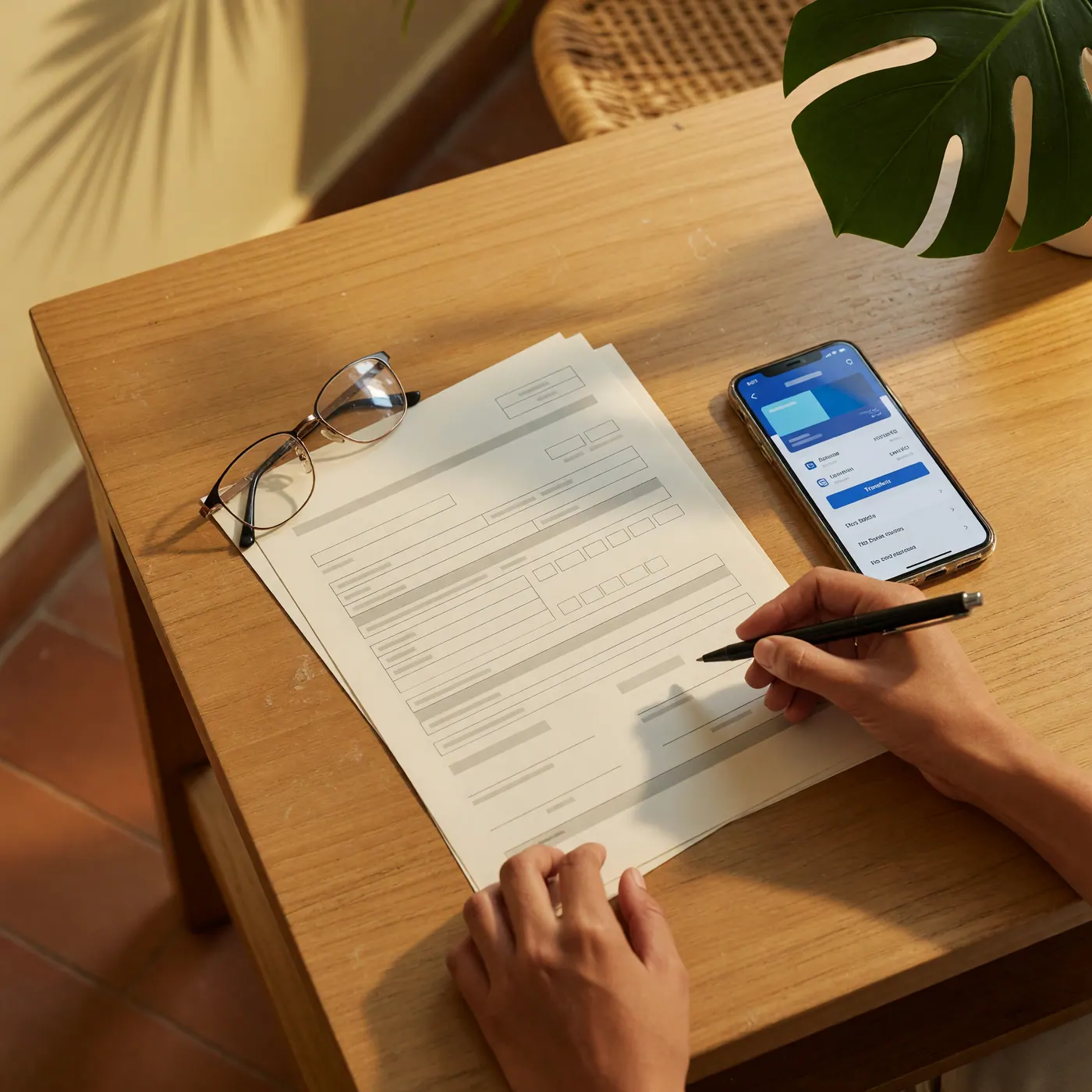 Document forms, reading glasses, pen, and phone on a wooden table in a Colombian apartment