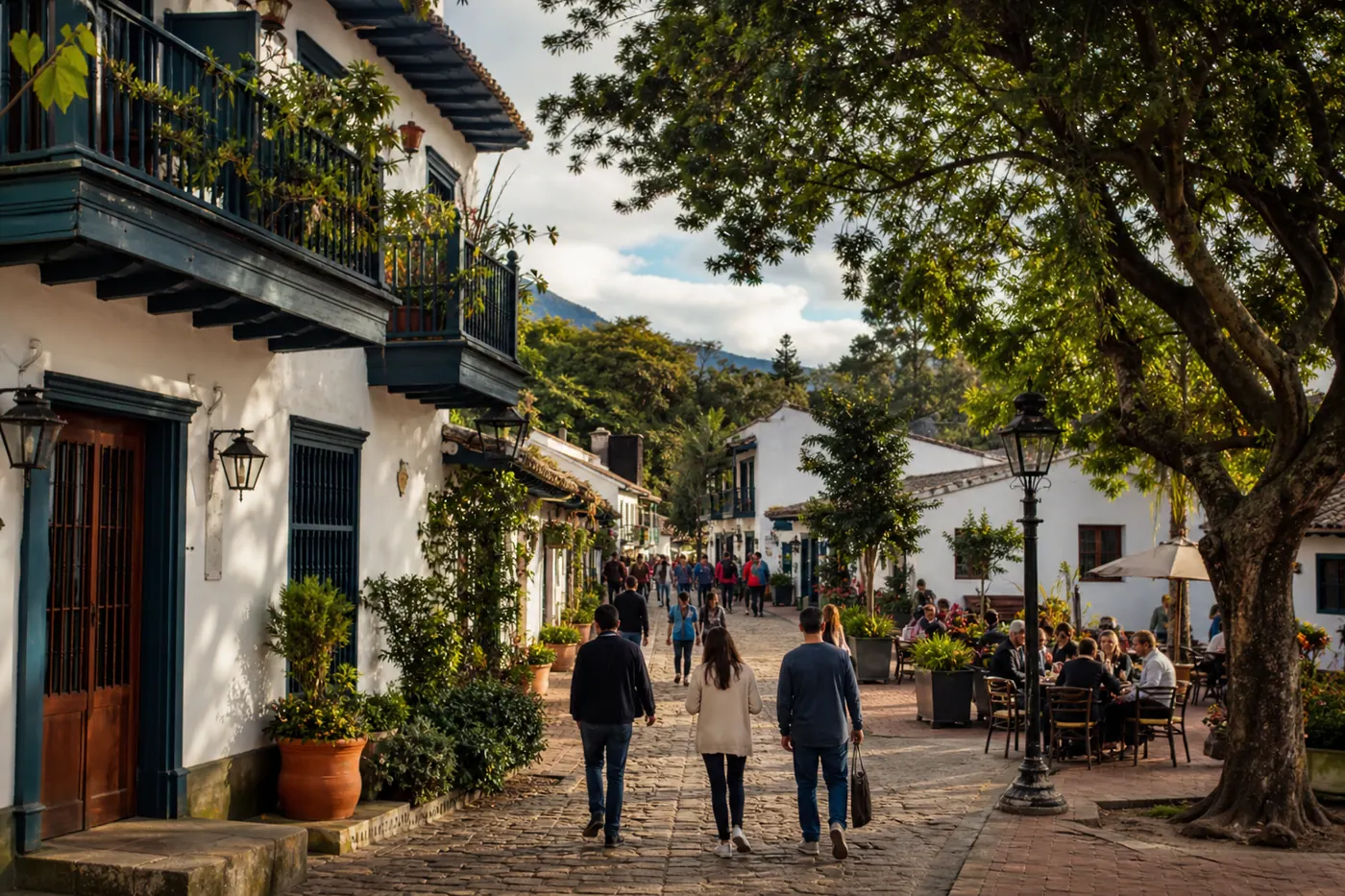 Colonial-style plaza and café street scene in Usaquén, Bogotá's most popular expat neighborhood